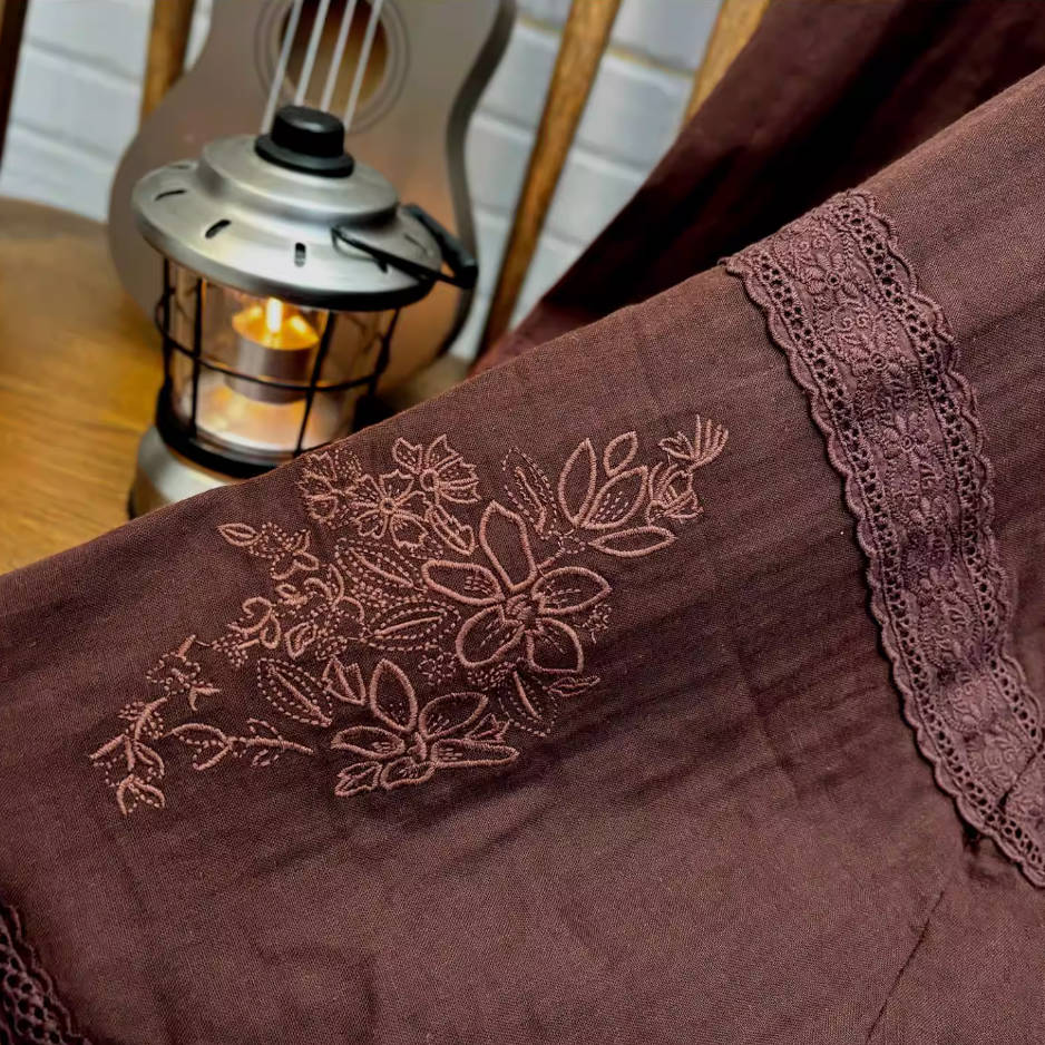 Retro Cotton Coffee Embroidered Elastic Waist A-Line Skirt