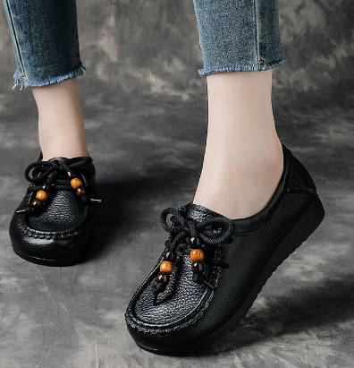 Vintage Women Top-Grain Leather Square Toe Soft Sole Wide Fit Flats