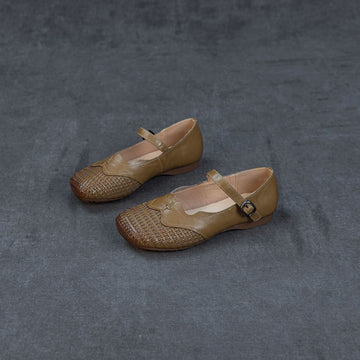 Retro Leather Woven Patchwork One Straped Casual Flat Sole Shoes