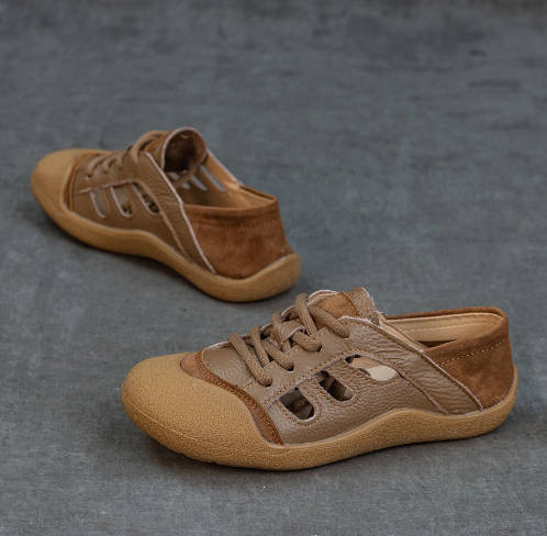Women Top Layer Cowhide Perforated Breathable Soft Sole Flats