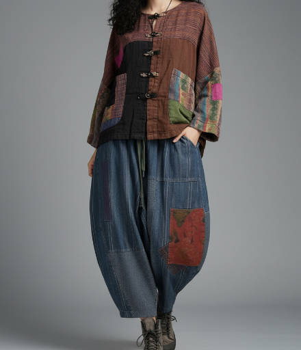 Autumn Artistic Retro Cotton-Linen Patchwork Frog Button Jacket