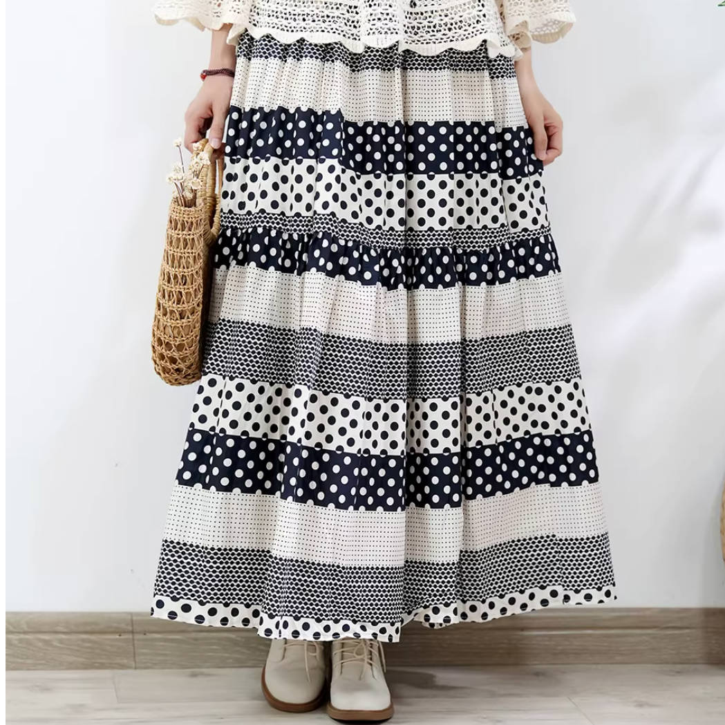 Classic Cotton Polka Dots Color Block Elegant Holiday Skirt