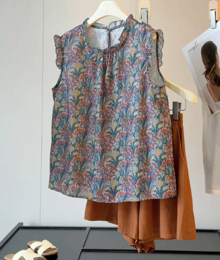 Vintage Summer French Chic Ruffle Trim Sleeveless Top & Shorts Set