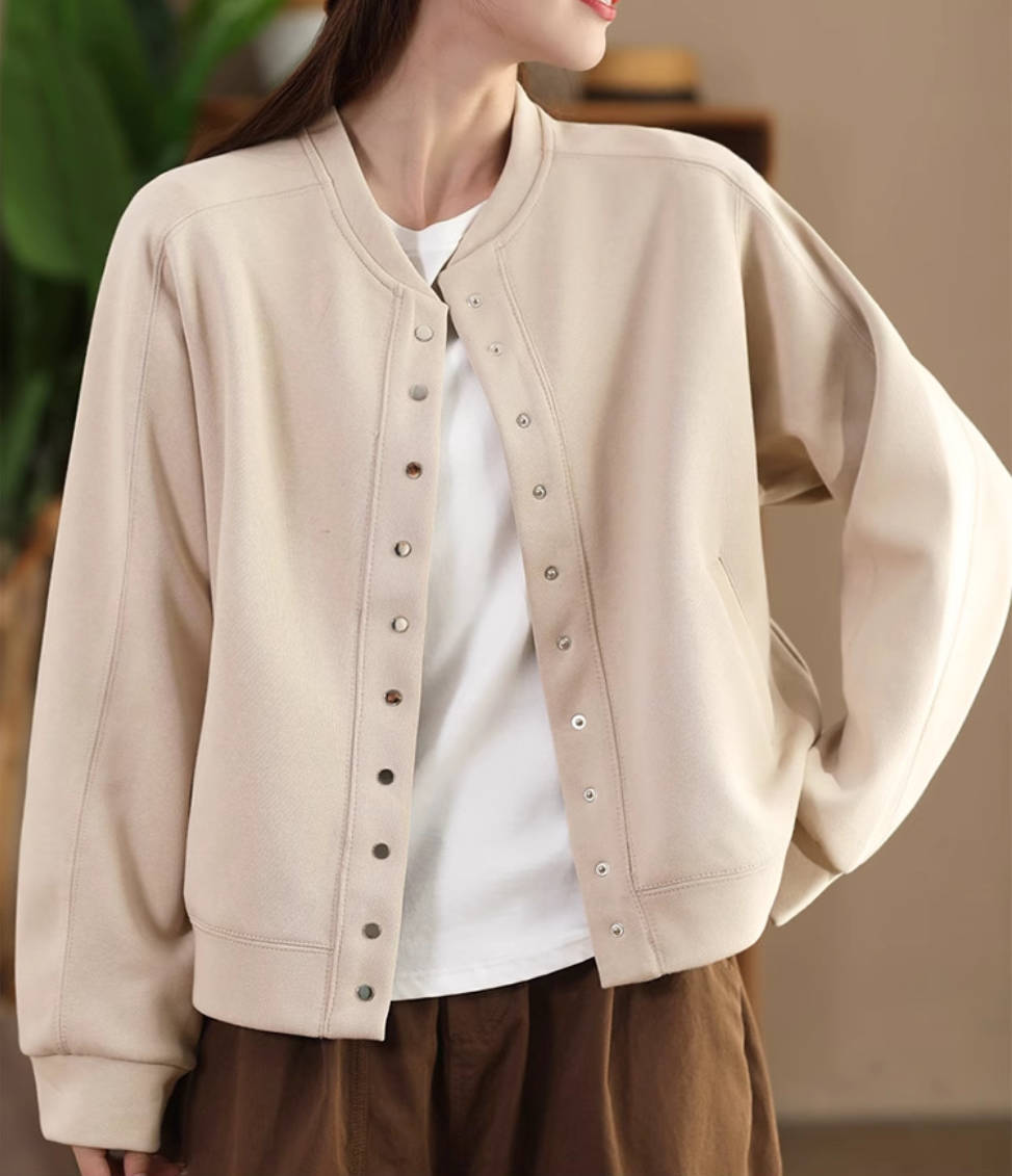 Casual Cotton Round Neck Solid Color Single-Breasted Jacket