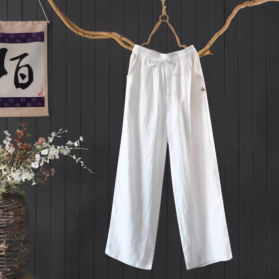 Spring Linen Solid Color Embroidered Elastic Waist Soft Pants