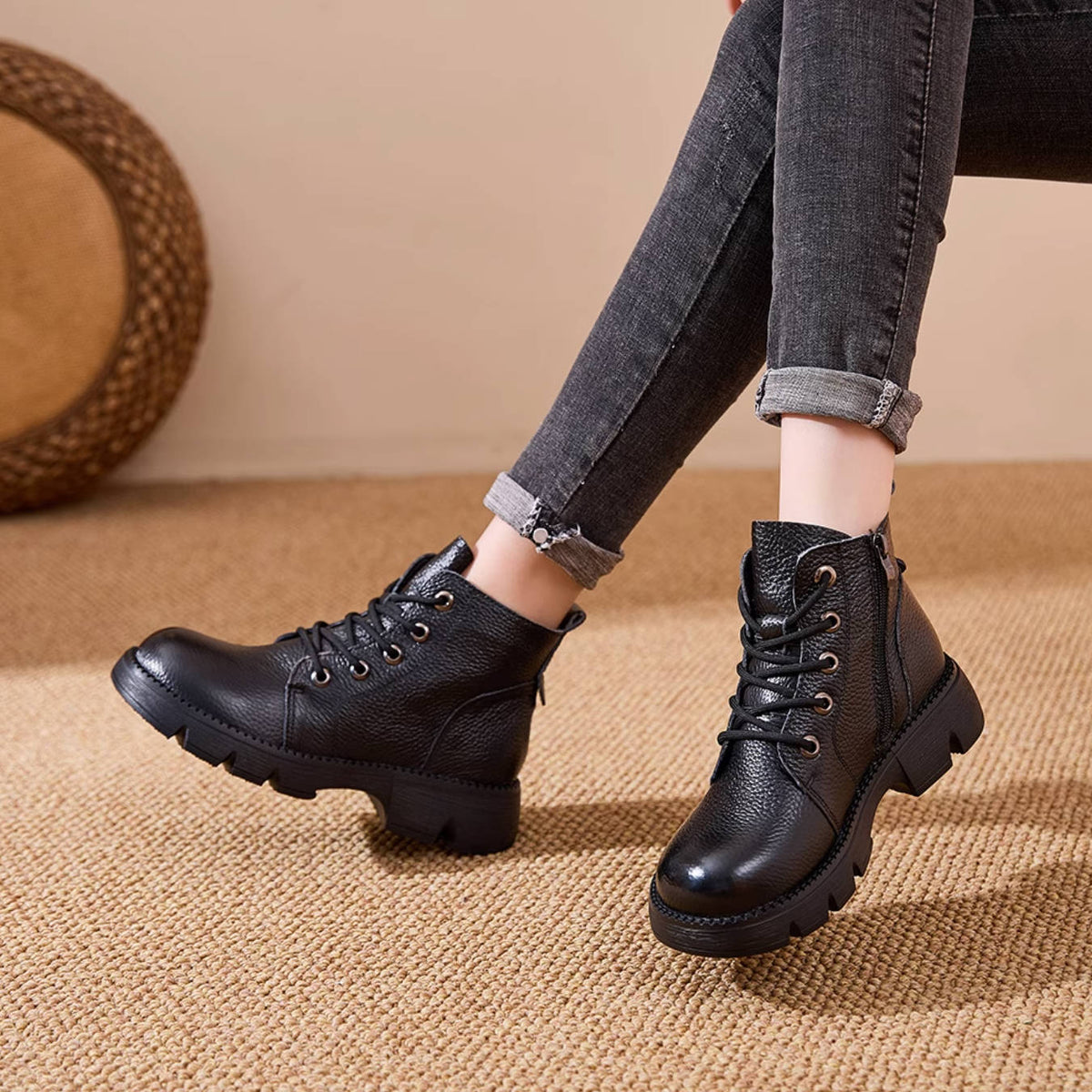 Autumn Top Grain Leather Retro Platform Chunky Ankle Boots