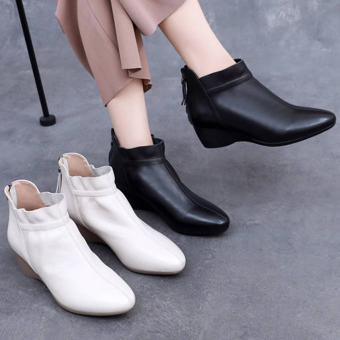 Women Leather Platform Soft Sole No-Slip Zipper Ankle Boots