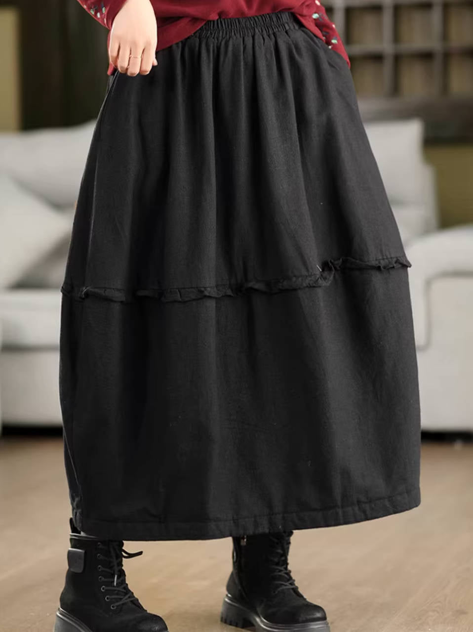 Winter Ramie Warm Cotton-In Ruffled Thick Loose Skirt