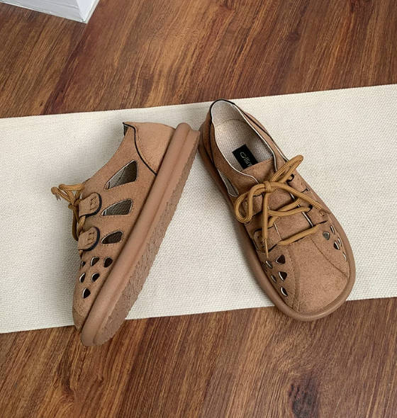 Women Vintage Round Toe Lace Up Hollowed-out Linen Soft Flat