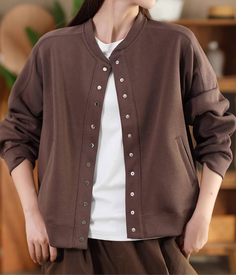Casual Cotton Round Neck Solid Color Single-Breasted Jacket
