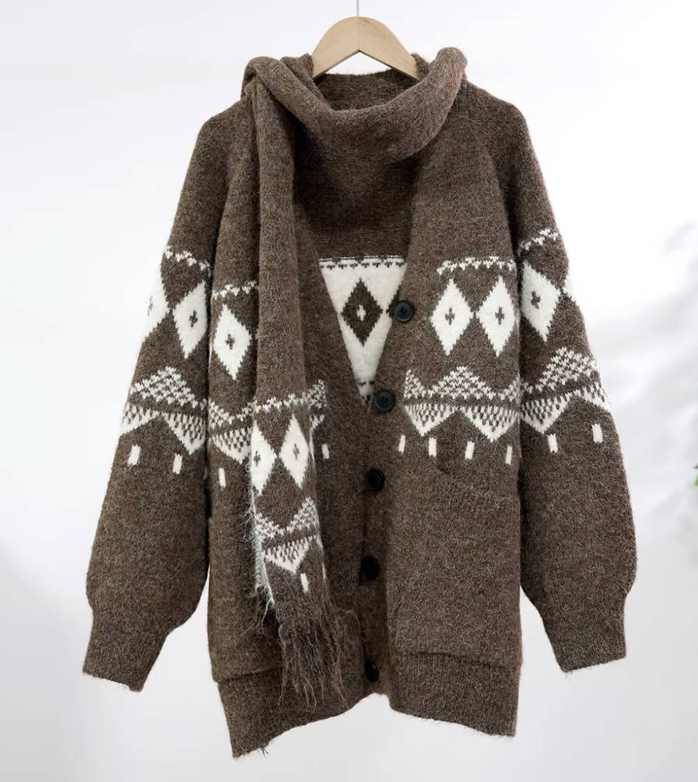 Winter Retro Coffee Jacquard Knitted V-Neck Thick Loose Sweater
