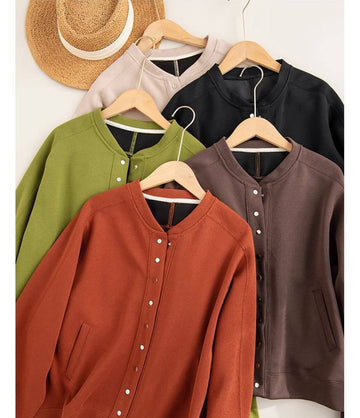 Casual Cotton Round Neck Solid Color Single-Breasted Jacket