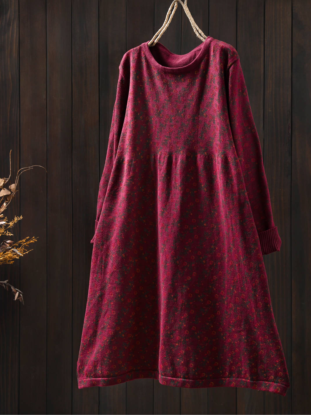 Retro Cotton Round Neck Floral Printed Loose Long Sleeves Dress