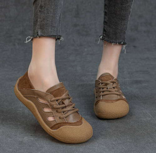Women Top Layer Cowhide Perforated Breathable Soft Sole Flats