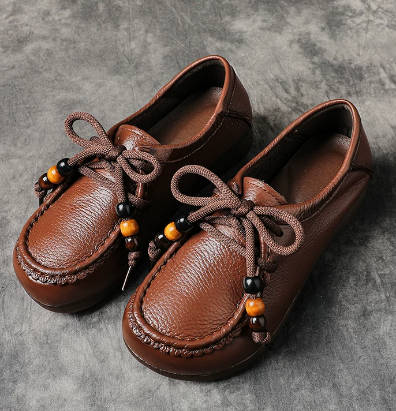 Vintage Women Top-Grain Leather Square Toe Soft Sole Wide Fit Flats