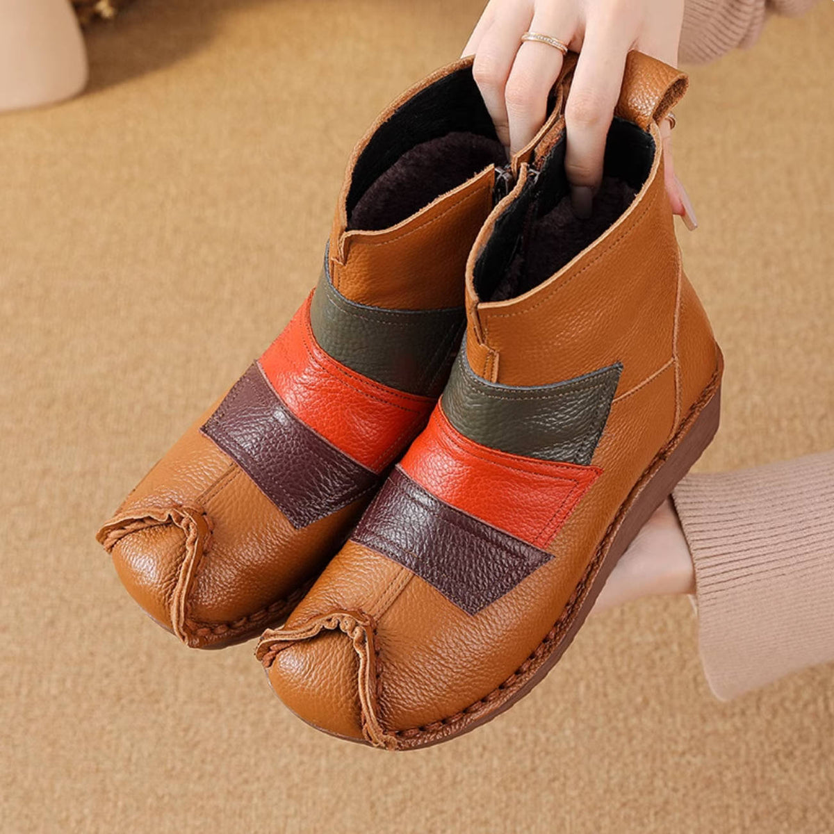 Winter Top Leather Soft Sole Patchwork Zipper Ankle Boots