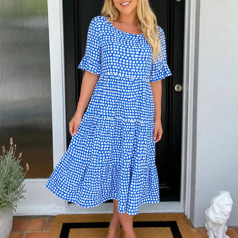 Soleluna – Tiered Polka Dot Midi Dress with Ruffle Sleeves
