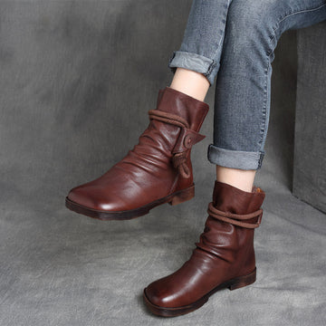 Vintage Handmade Leather Ruched Square Toe Zipper Knight Boots