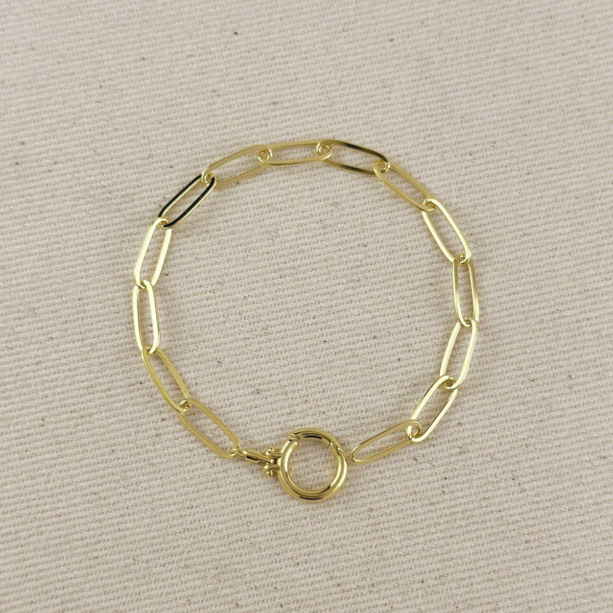 18k Gold Filled Paperclip Chain With Round Clicker Clasp Bracelet: 7 inches