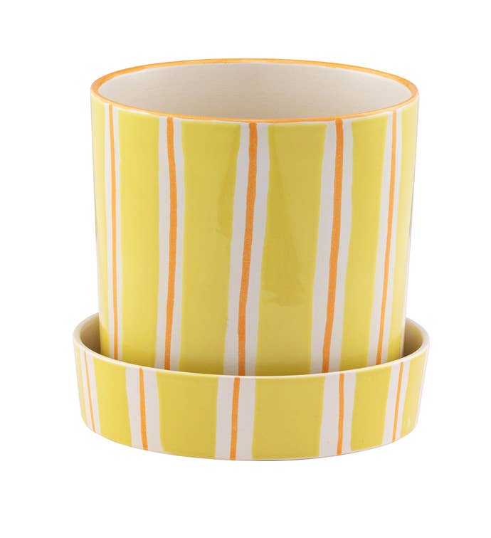 Yellow Retro Stripe Planter with Saucer
