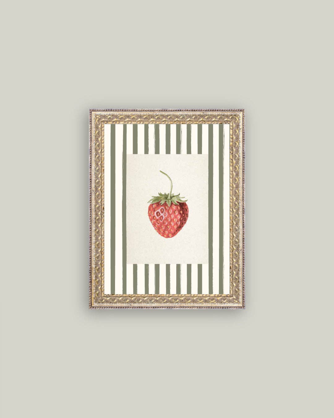 Strawberries on Stripes Framed Antique Art: 12x16