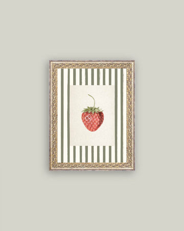 Strawberries on Stripes Framed Antique Art: 12x16