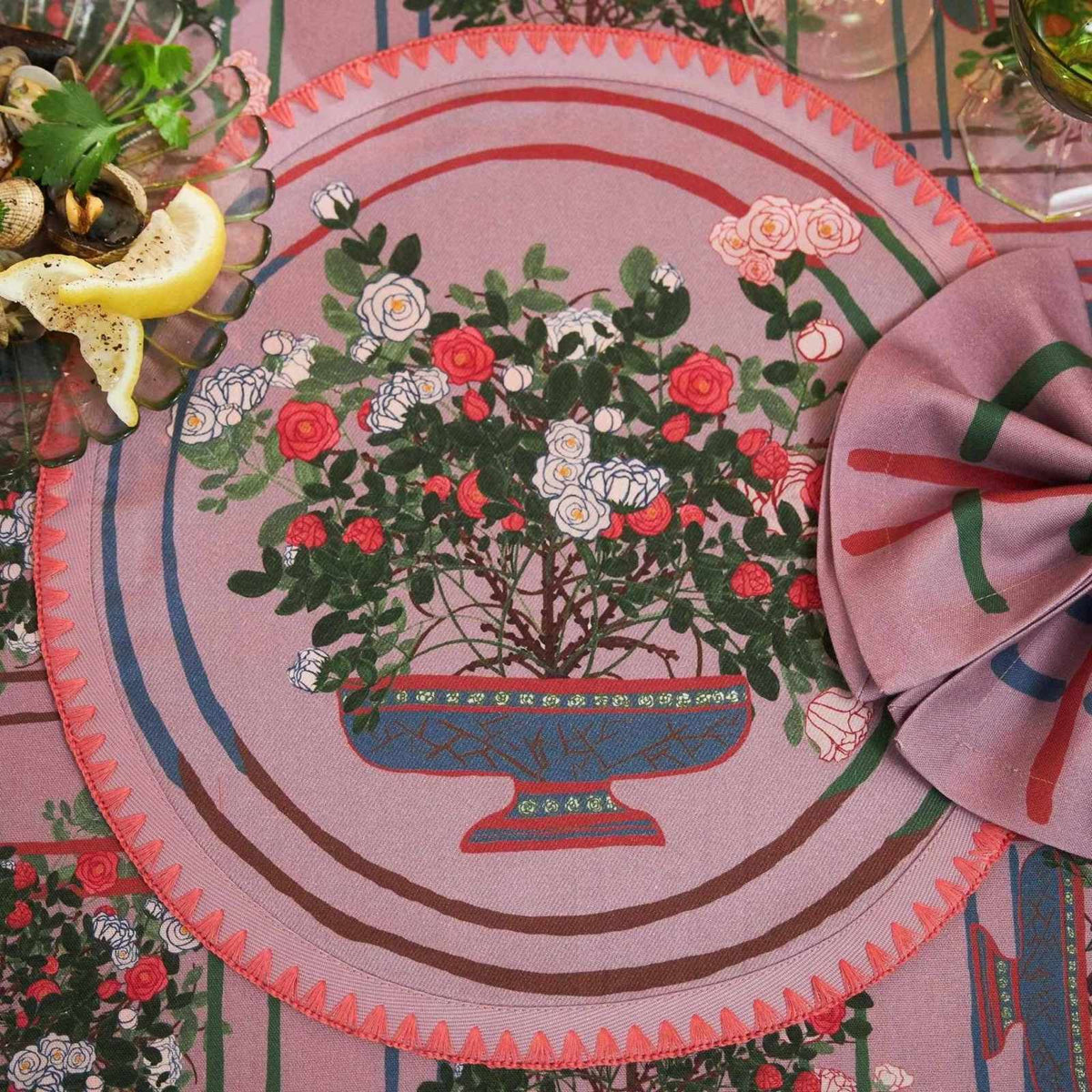 La Vie en Rose Round Embroidered Placemats S/6