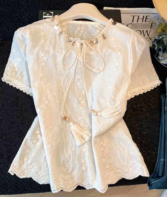 Vintage Round-Neck Shell Tassel Tie Short-Sleeve Designer Blouse