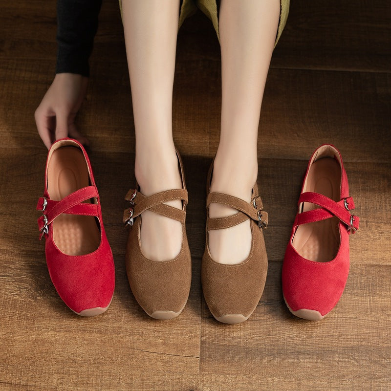 Sueded Leather Retro Solid Color Crossing Straped Casual Flat Shoes