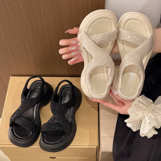 Summer Versatile Open Toe Rhinestones Roman Soft Platform Sandals-C