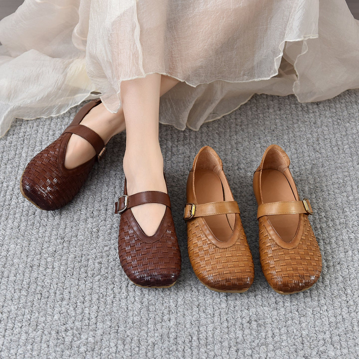 Babakud Retro Leather Woven One Straped Shallow Flat Shoes