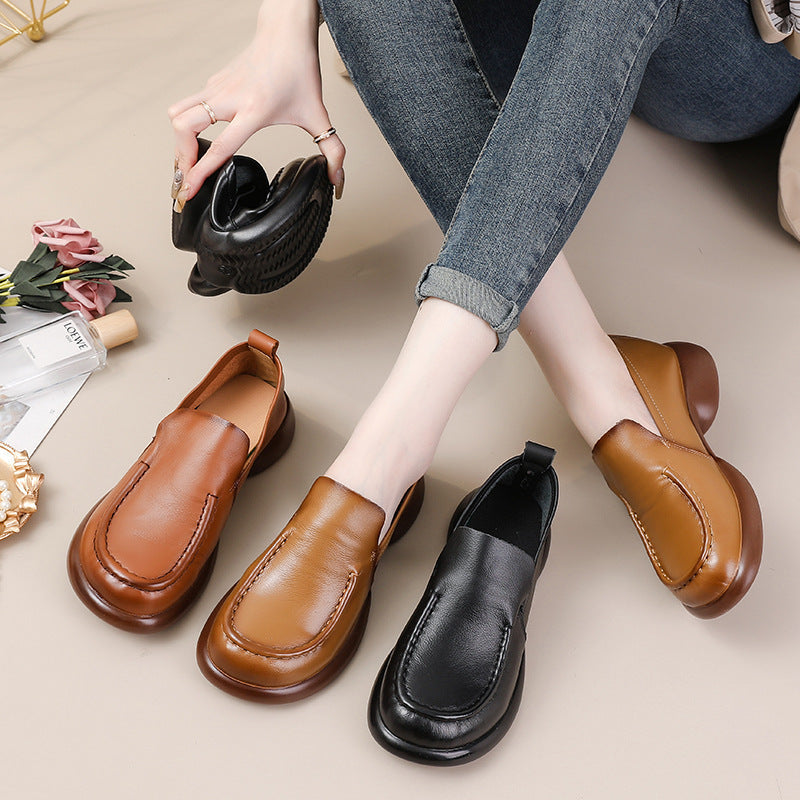 Genuine Leather Simple Wide Toe Soft Sole Low Heel Slip-On Loafers