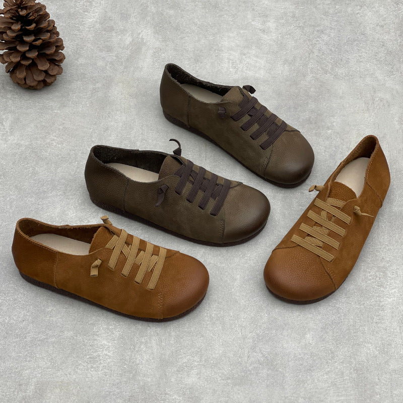 Babakud Retro Leather Round Toe Elastic Soft Sole Flat Shoes