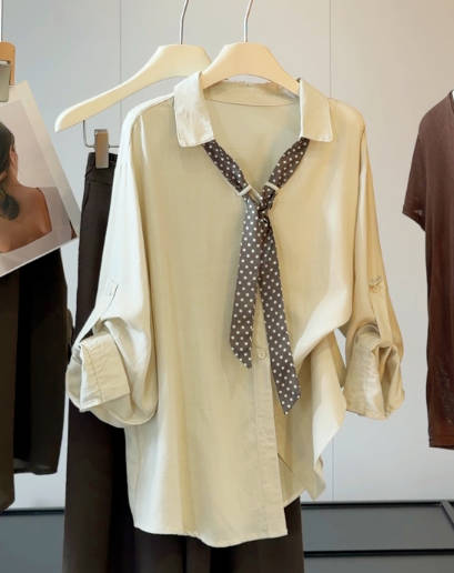 Women Casual Polka Dot Bow Polo Collar Cotton Linen Shirt