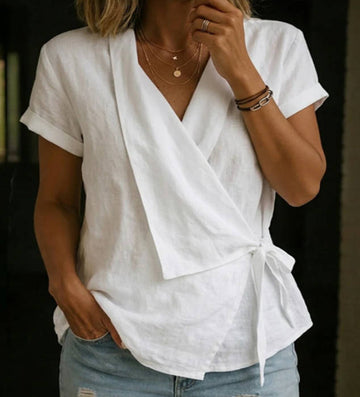 Casual Linen Laple Collar Short Sleeve Asymmetric Hem Tie Belt Tops