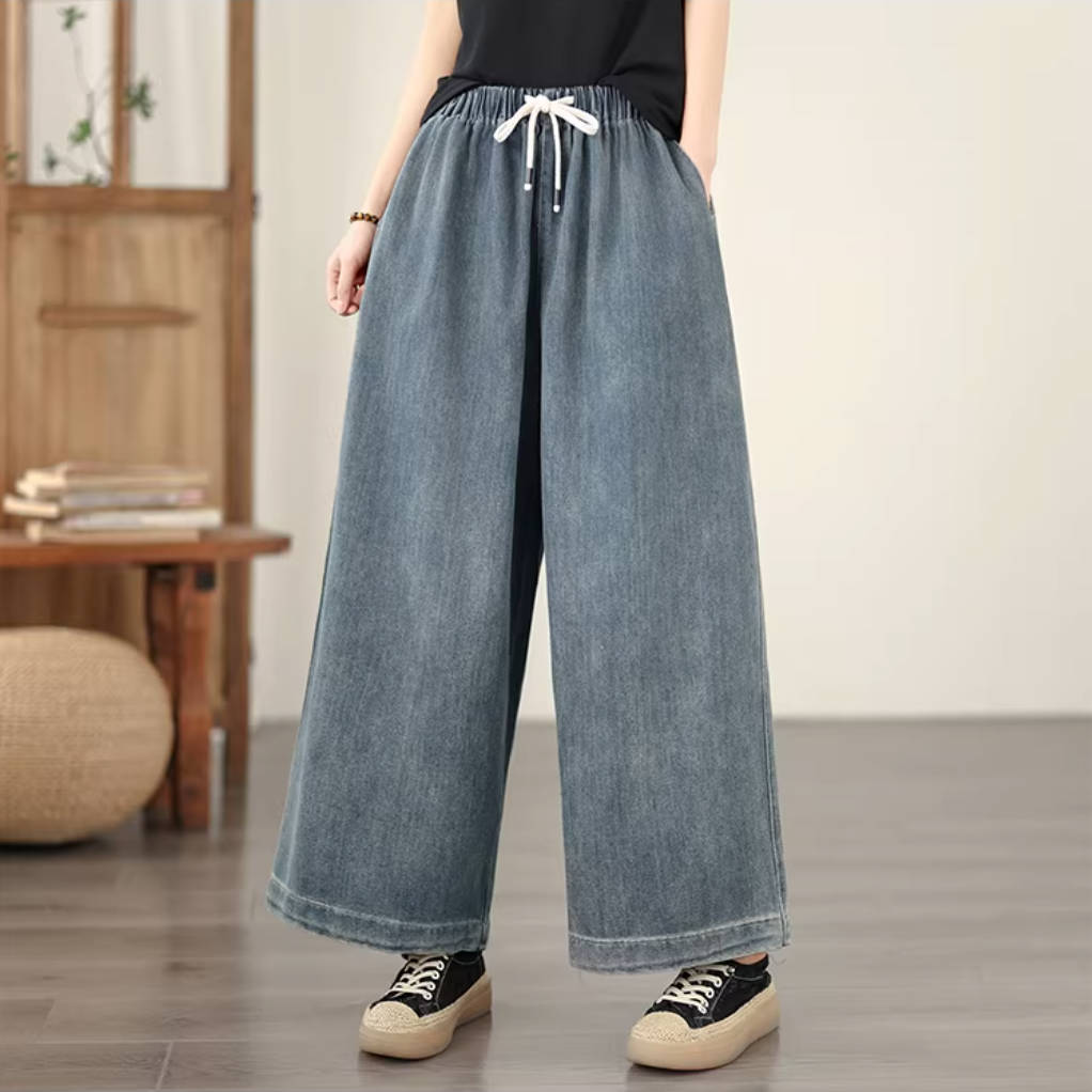 Blue Casual Denim Loose Elastic Waist Wide Legs Lace-Up Pants