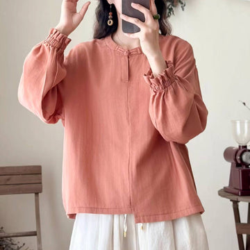 Autumn Retro Cotton Stand Collar Puff Sleeve Shirt