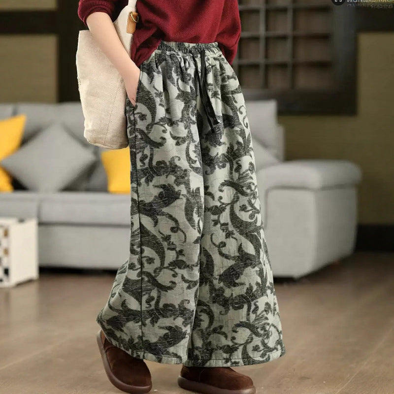 Winter Retro Cotton Printed Warm Plush Elastic Waist Loose Pants