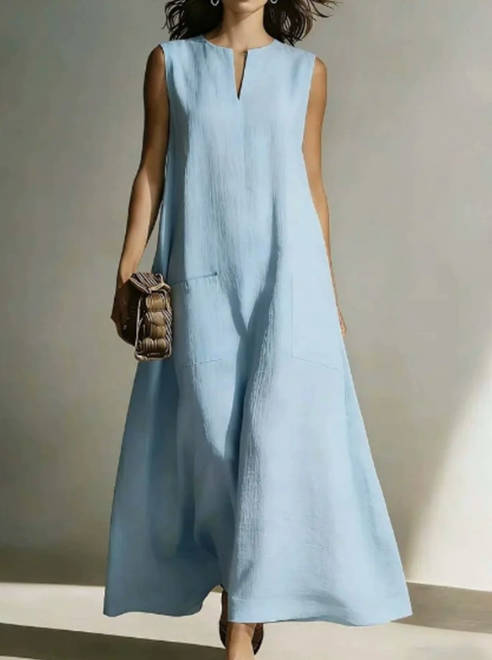 Casual Solid Color Cotton Linen V-Neck Sleeveless Dress