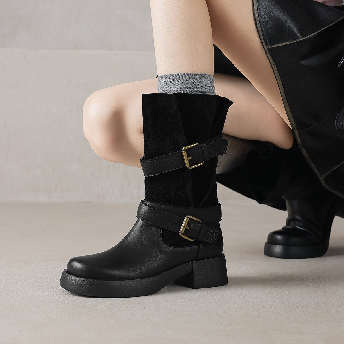 Autumn Leather Sueded Patchwork Double Buckle Slouch Boots