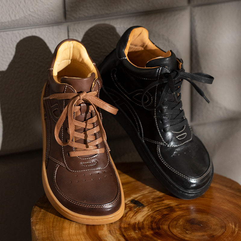 Casual Leather Embroidered Lace-Up Soft Sole Sneakers