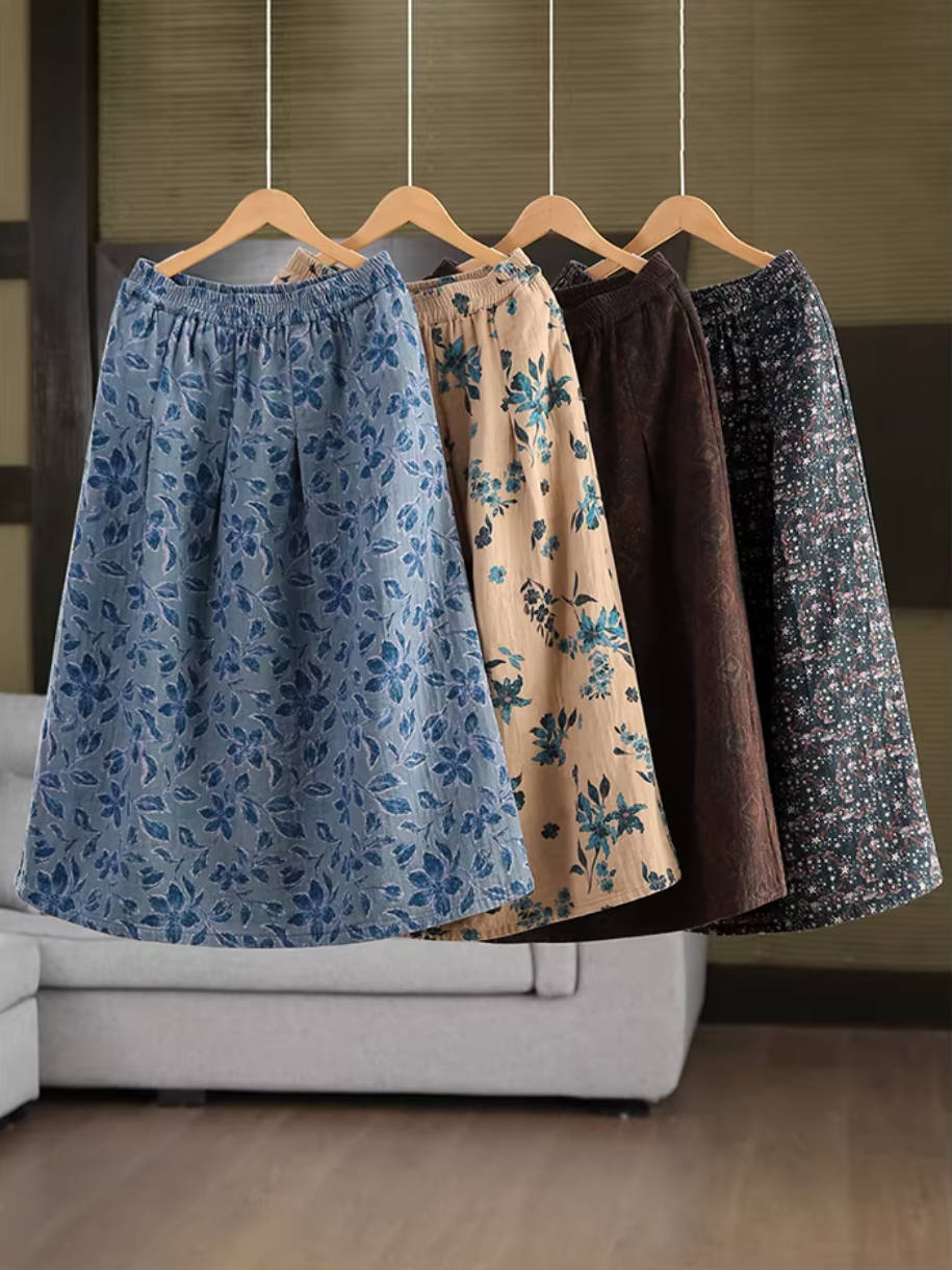 Retro Cotton Printed A-Line Loose Casual Pockets Skirt