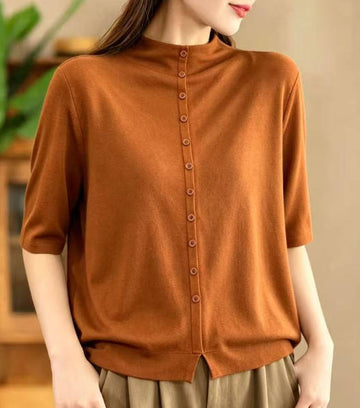 Women Half-Turtleneck Knit Solid Color Loose Fit Button-Up Mid-Sleeve T-Shirt