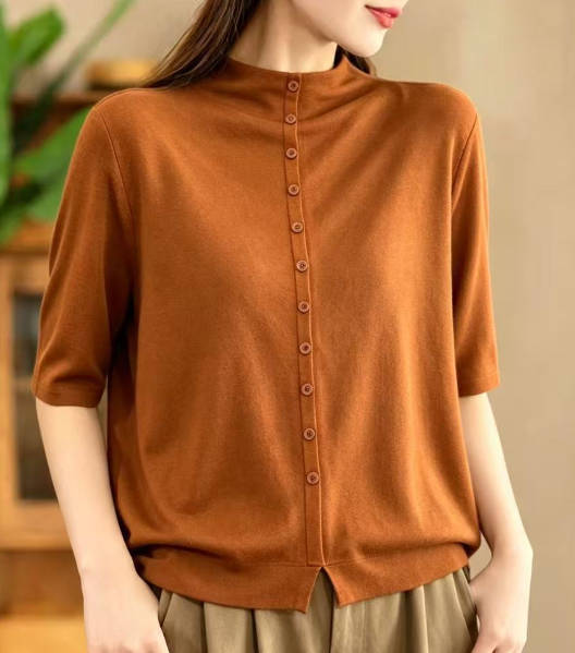 Women Half-Turtleneck Knit Solid Color Loose Fit Button-Up Mid-Sleeve T-Shirt