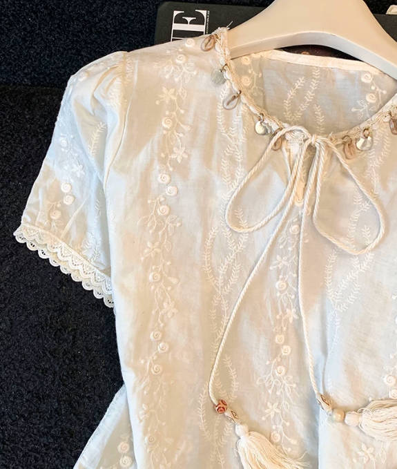 Vintage Round-Neck Shell Tassel Tie Short-Sleeve Designer Blouse