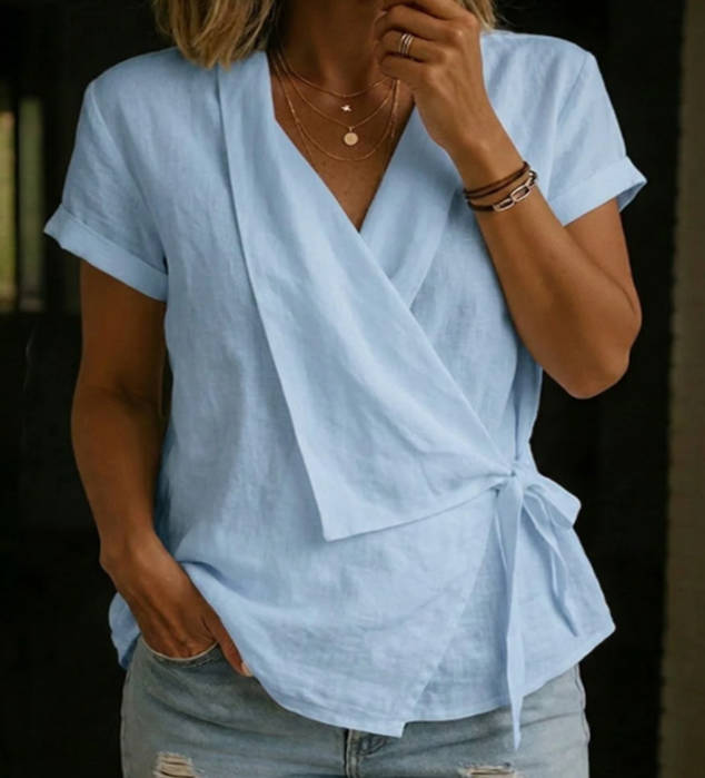 Casual Linen Laple Collar Short Sleeve Asymmetric Hem Tie Belt Tops