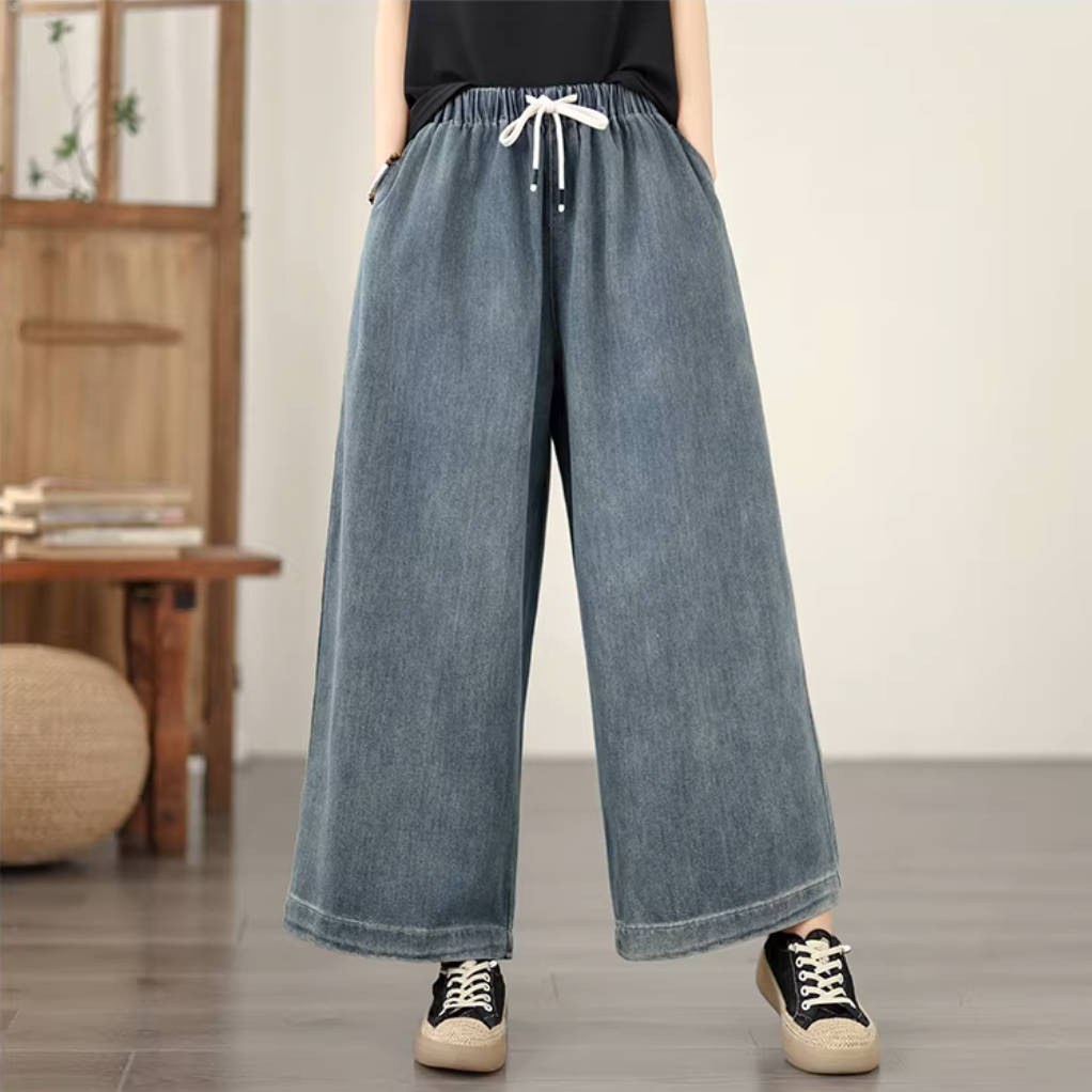 Blue Casual Denim Loose Elastic Waist Wide Legs Lace-Up Pants