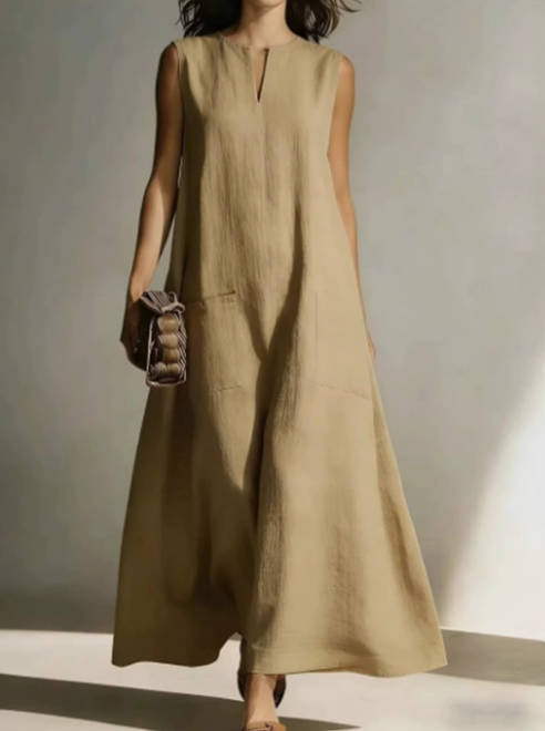 Casual Solid Color Cotton Linen V-Neck Sleeveless Dress