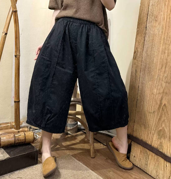 Women Casual Classic Versatile Cotton Straight Wide Leg Cropped Pants
