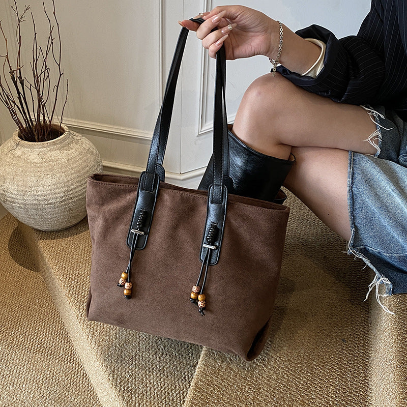 Sueded Big Size Leather Straped Beaded Tassel Casual Tote Bag